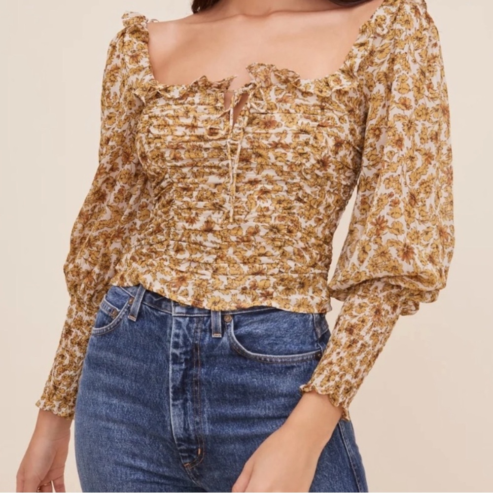 ASTR Mustard Floral Boho CottageCore Long Sleeved Top